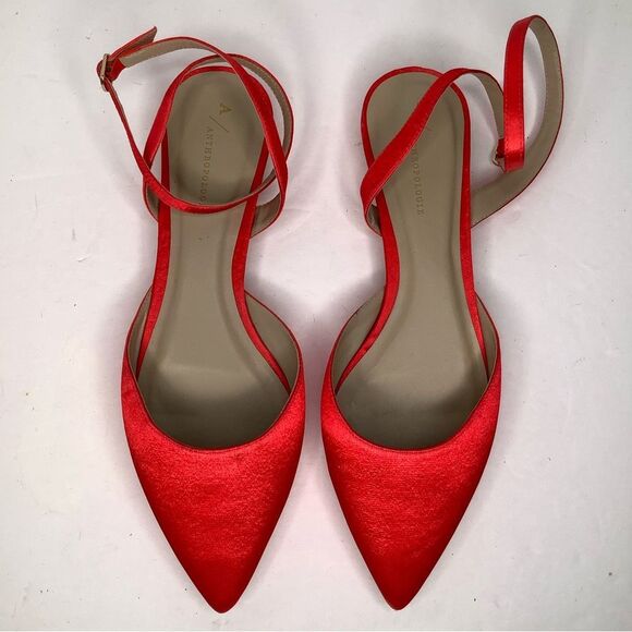 Anthropologie Orange Satin Fabric Ankle Wrap Around Pointy Toe Women Flats Sz 9 - Picture 4 of 9
